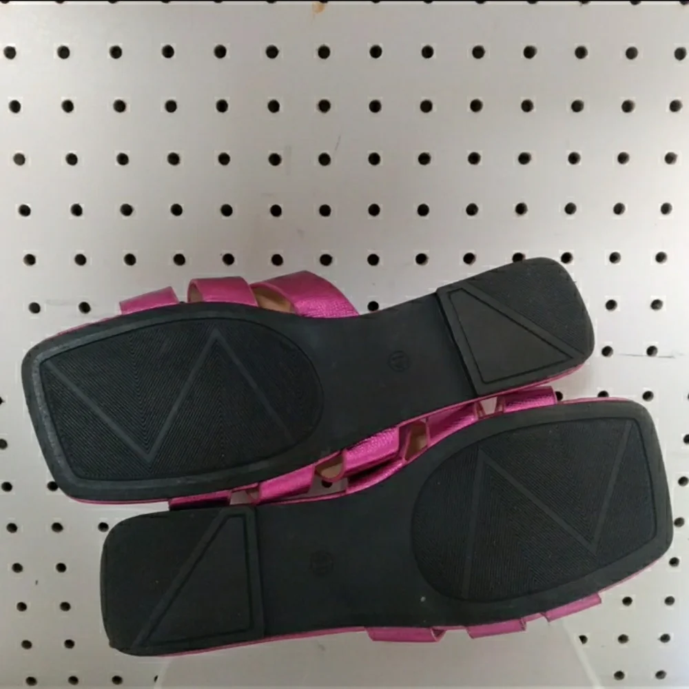 Hot Pink Square-toes Sandals | Flat Slide Cushioned Slip-on Casual Dressy Summer - Picture 5 of 5